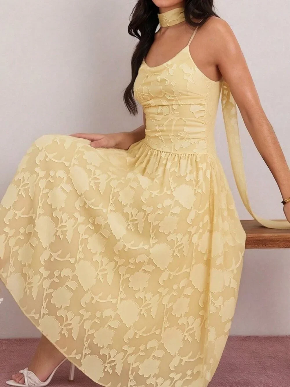 Yellow Elegant Women's French Sleeveless Off-Shoulder Cinched Waist Long Dress